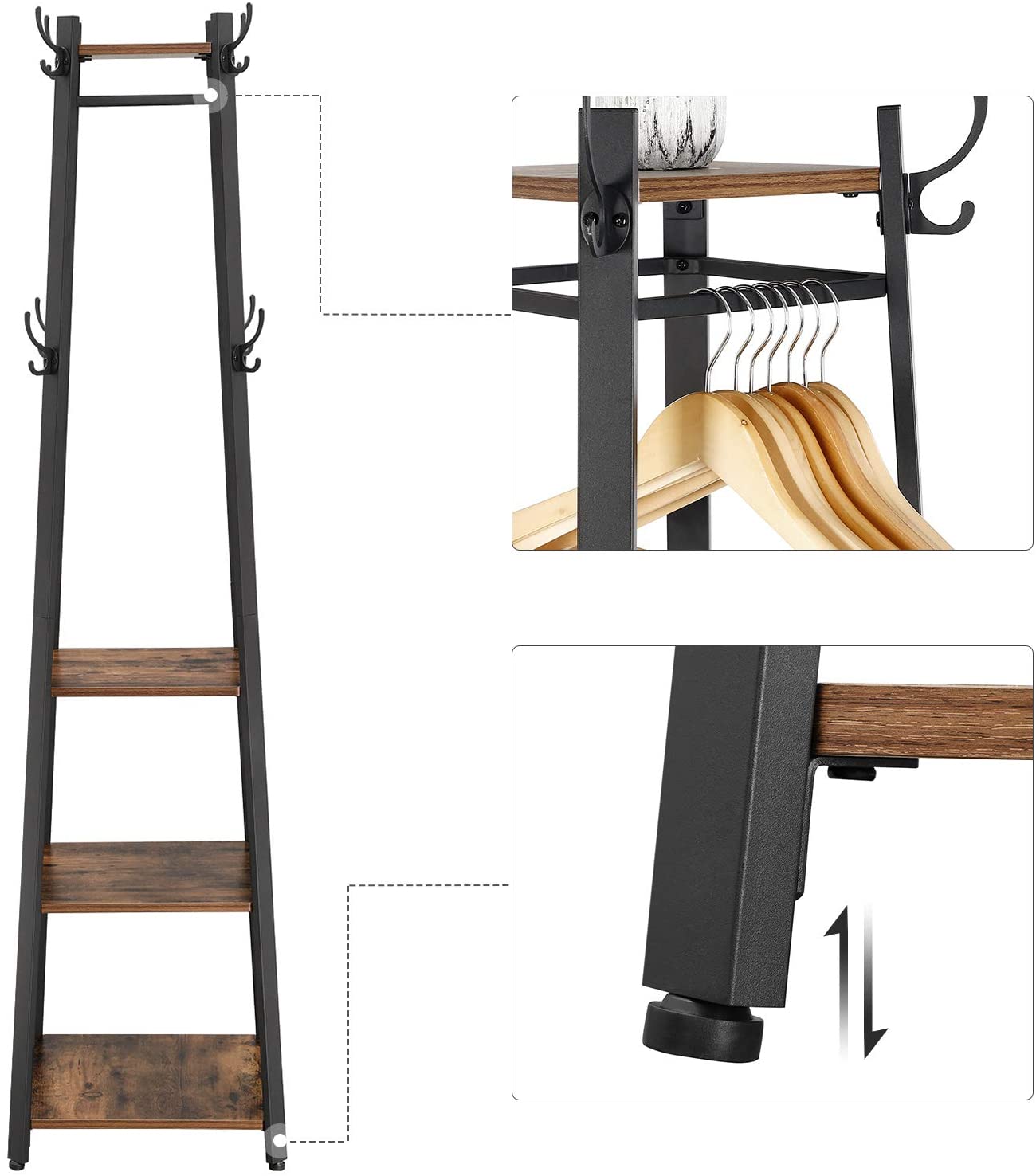 Coat Rack with 3 Shelves with Hooks Rustic Brown and Black - Cosy Abode