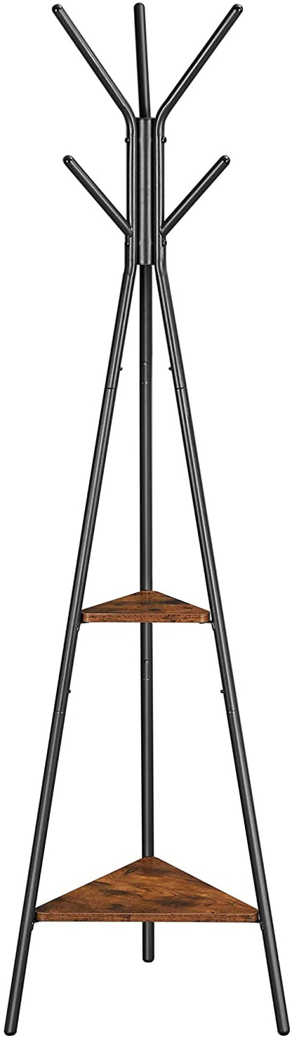 Black Coat Rack Stand Industrial Style 2 Shelves Clothes - Cosy Abode