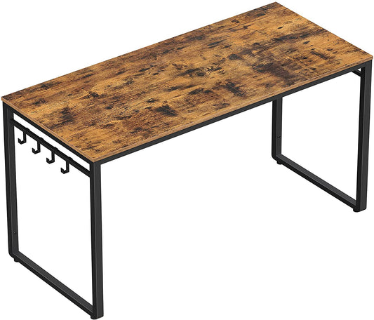 Home Office Desk with 8 Hooks 140 x 60 x 75 cm Rustic Brown and Black - Cosy Abode