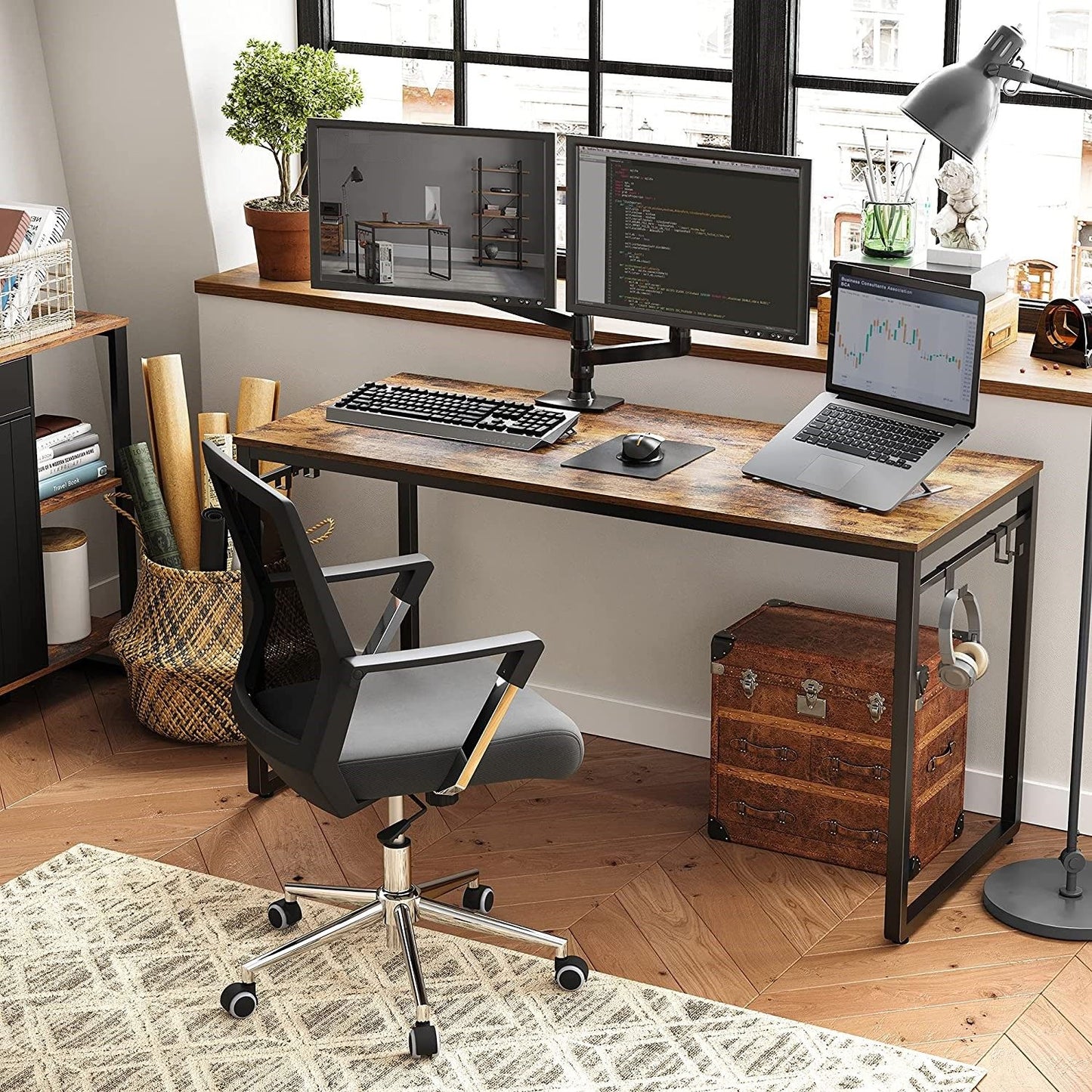 Home Office Desk with 8 Hooks 140 x 60 x 75 cm Rustic Brown and Black - Cosy Abode