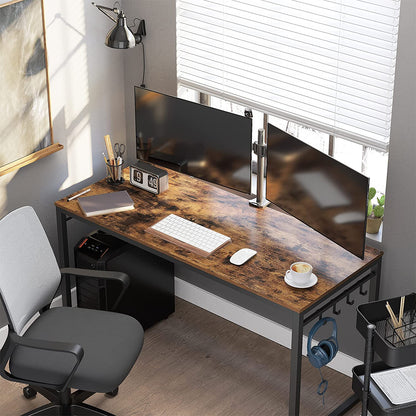 Home Office Desk with 8 Hooks 140 x 60 x 75 cm Rustic Brown and Black - Cosy Abode