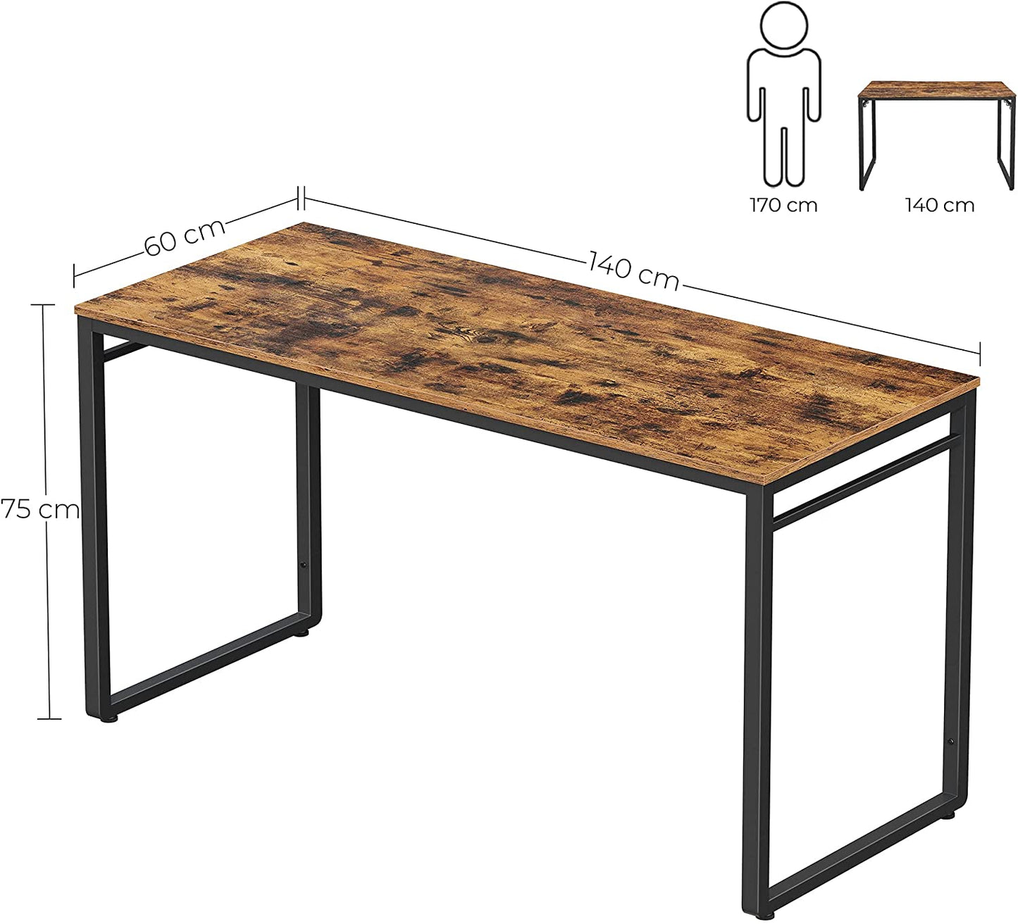 Home Office Desk with 8 Hooks 140 x 60 x 75 cm Rustic Brown and Black - Cosy Abode