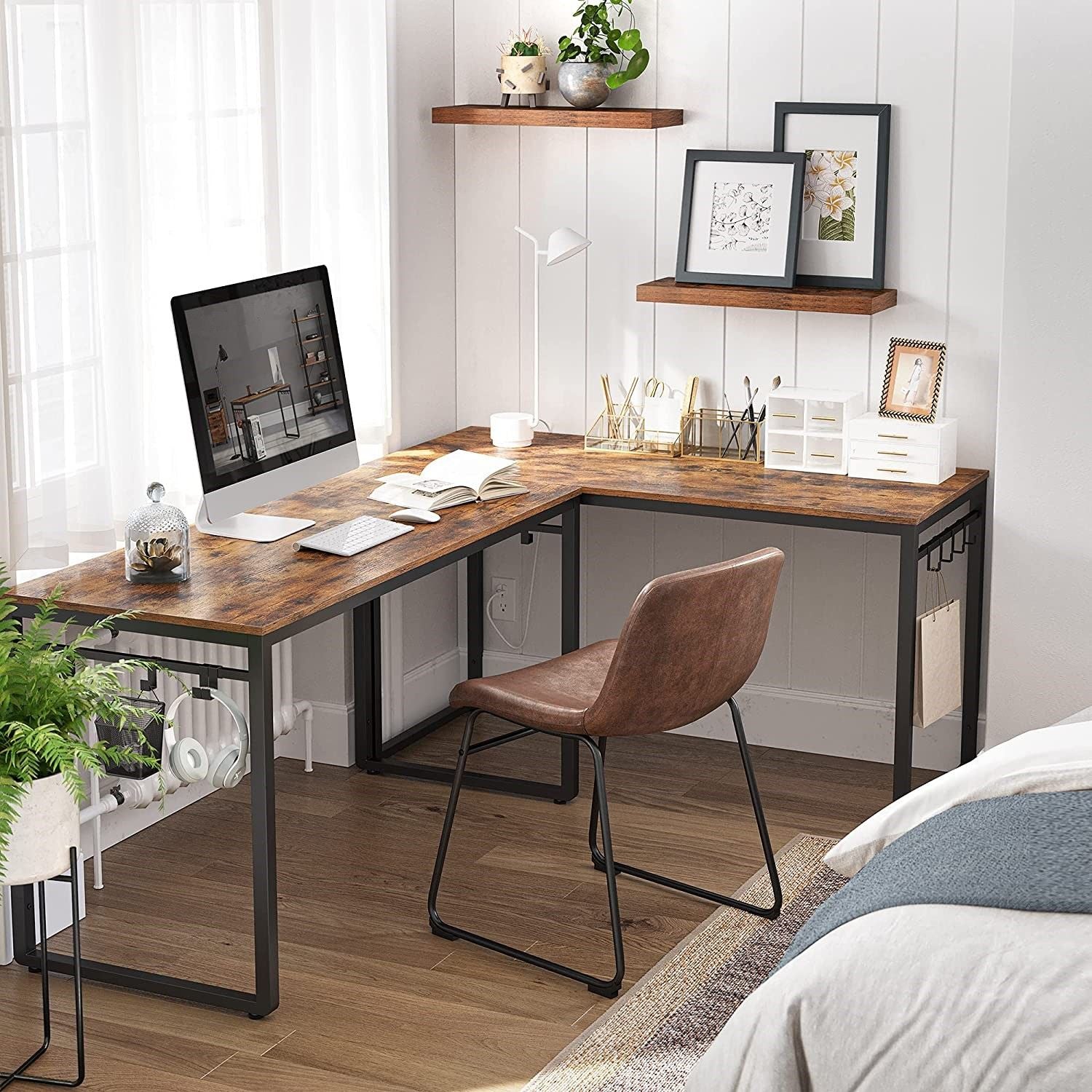 Home Office Desk with 8 Hooks 140 x 60 x 75 cm Rustic Brown and Black - Cosy Abode