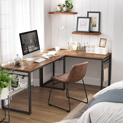 Home Office Desk with 8 Hooks 140 x 60 x 75 cm Rustic Brown and Black - Cosy Abode