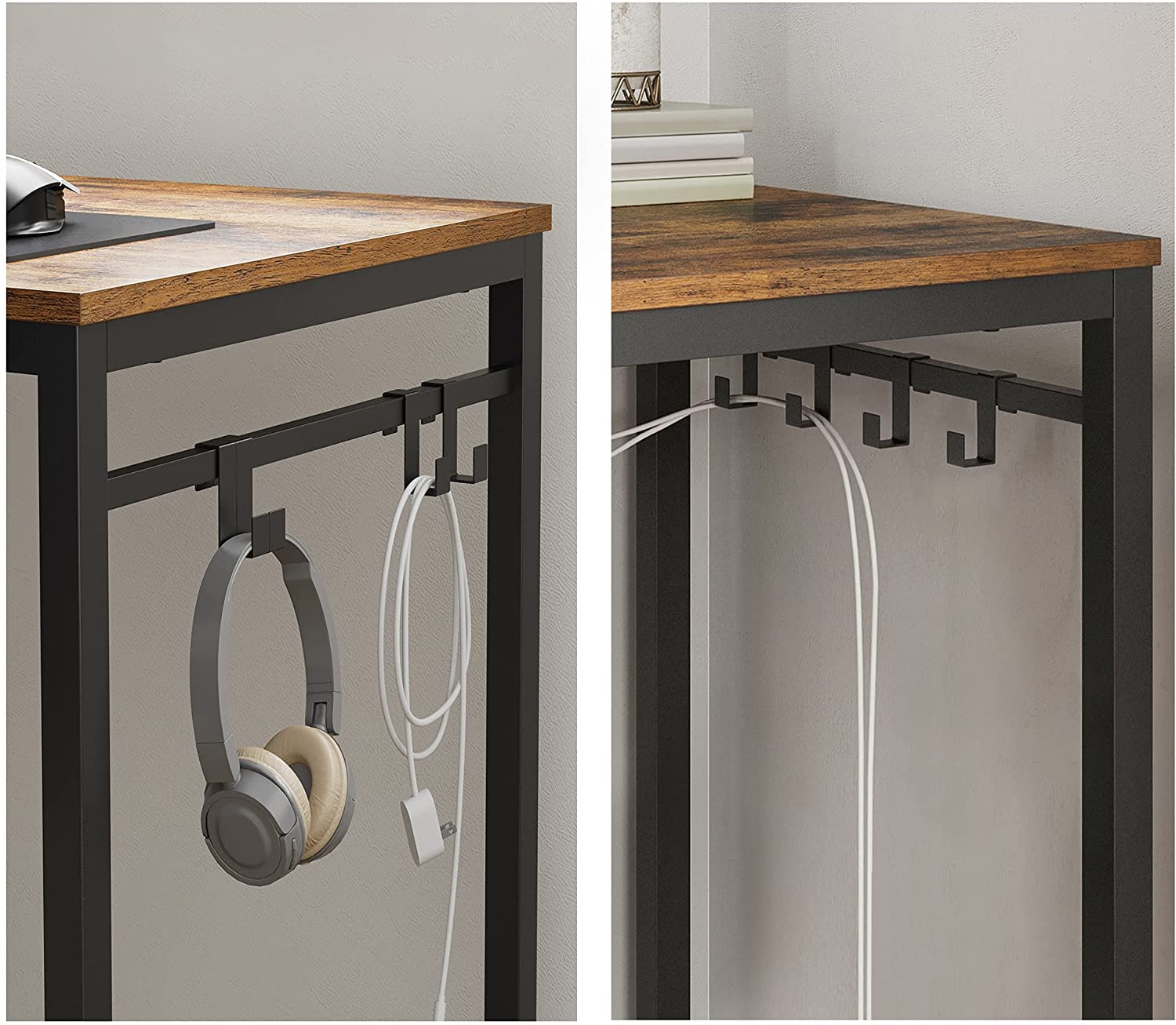 Home Office Desk with 8 Hooks 140 x 60 x 75 cm Rustic Brown and Black - Cosy Abode