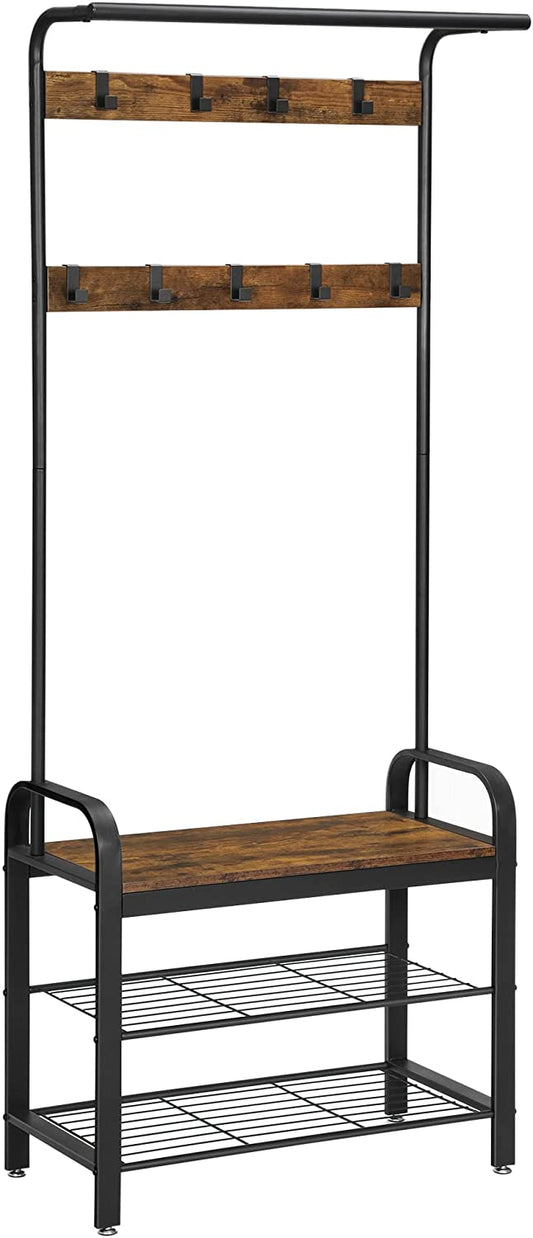 Vintage Coat Rack Shoe Bench, Wood Look Accent Furniture and Metal Frame - Cosy Abode