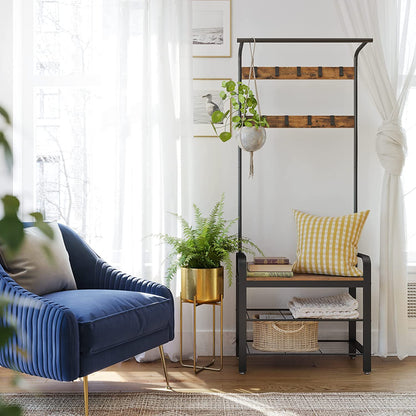 Vintage Coat Rack Shoe Bench, Wood Look Accent Furniture and Metal Frame - Cosy Abode