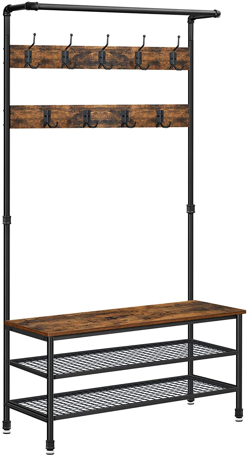 Coat Rack Stand with 9 Hooks and Shoe Rack with Industrial Style Sturdy Steel Frame - Cosy Abode