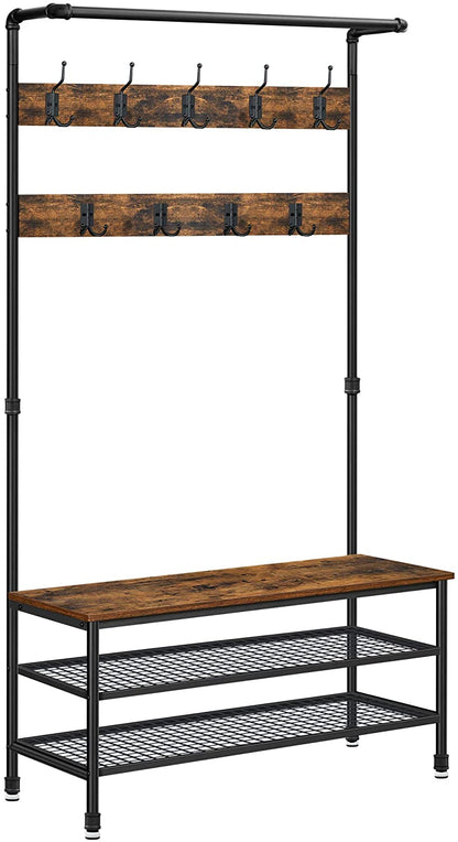 Coat Rack Stand with 9 Hooks and Shoe Rack with Industrial Style Sturdy Steel Frame - Cosy Abode