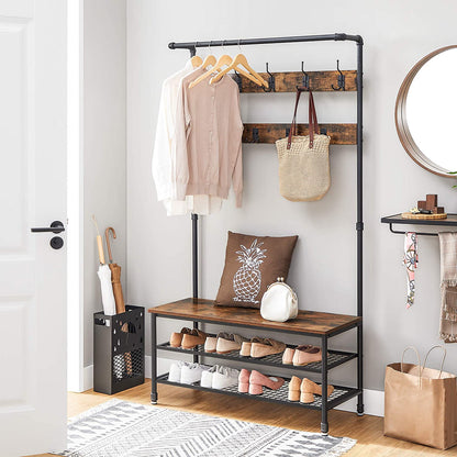 Coat Rack Stand with 9 Hooks and Shoe Rack with Industrial Style Sturdy Steel Frame - Cosy Abode