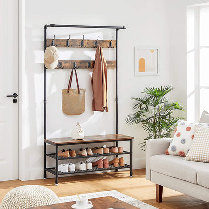 Coat Rack Stand with 9 Hooks and Shoe Rack with Industrial Style Sturdy Steel Frame - Cosy Abode