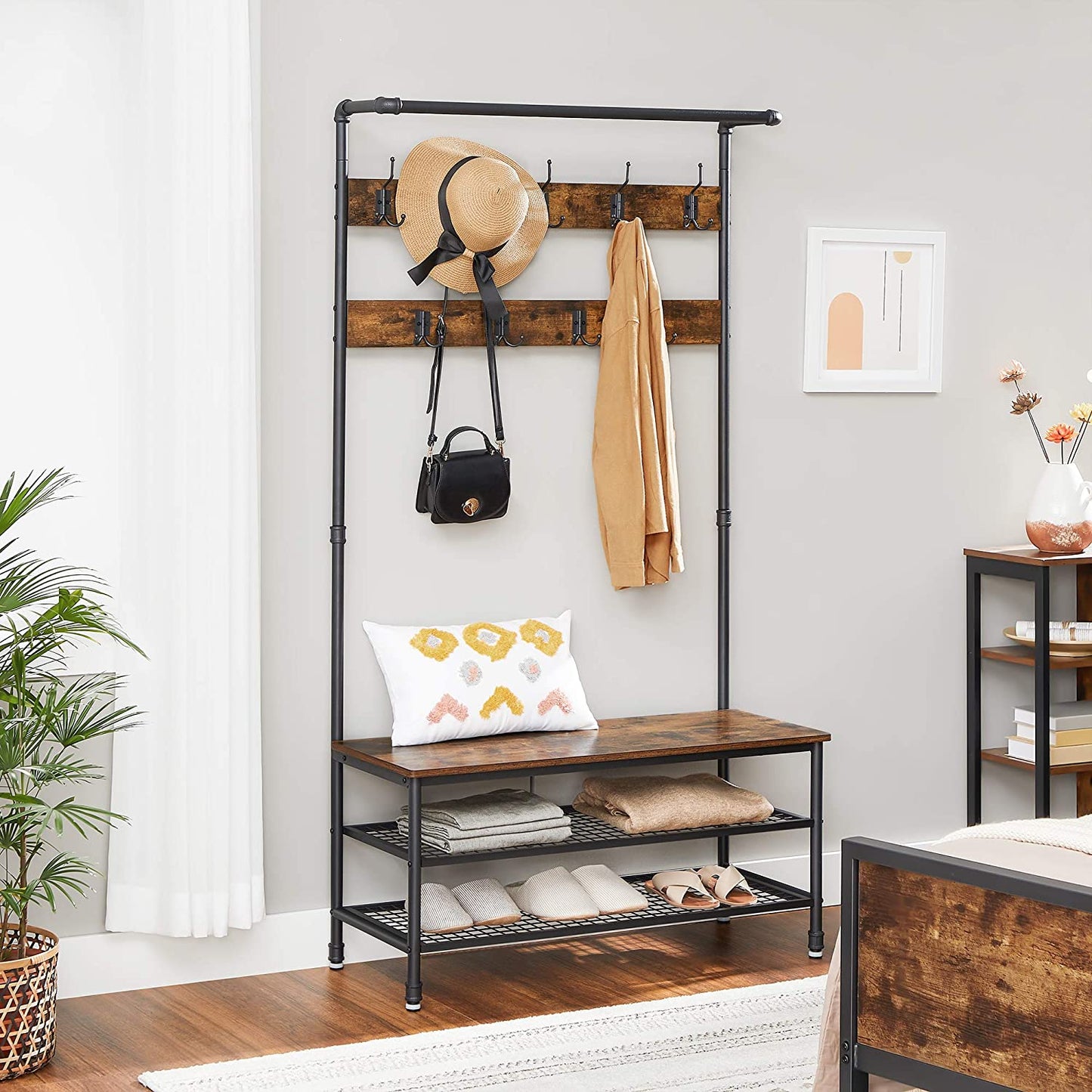 Coat Rack Stand with 9 Hooks and Shoe Rack with Industrial Style Sturdy Steel Frame - Cosy Abode