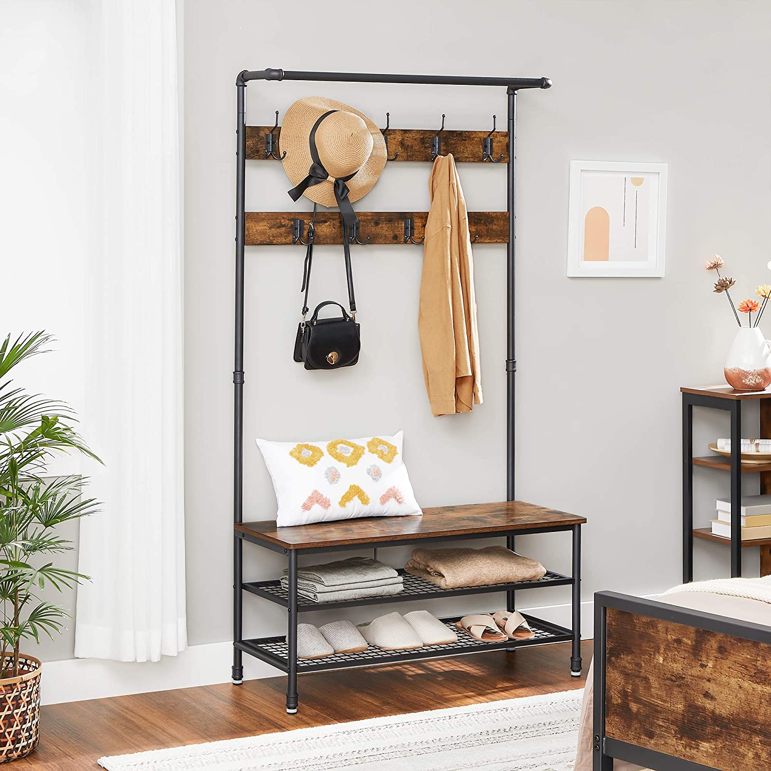 Coat Rack Stand with 9 Hooks and Shoe Rack with Industrial Style Sturdy Steel Frame - Cosy Abode