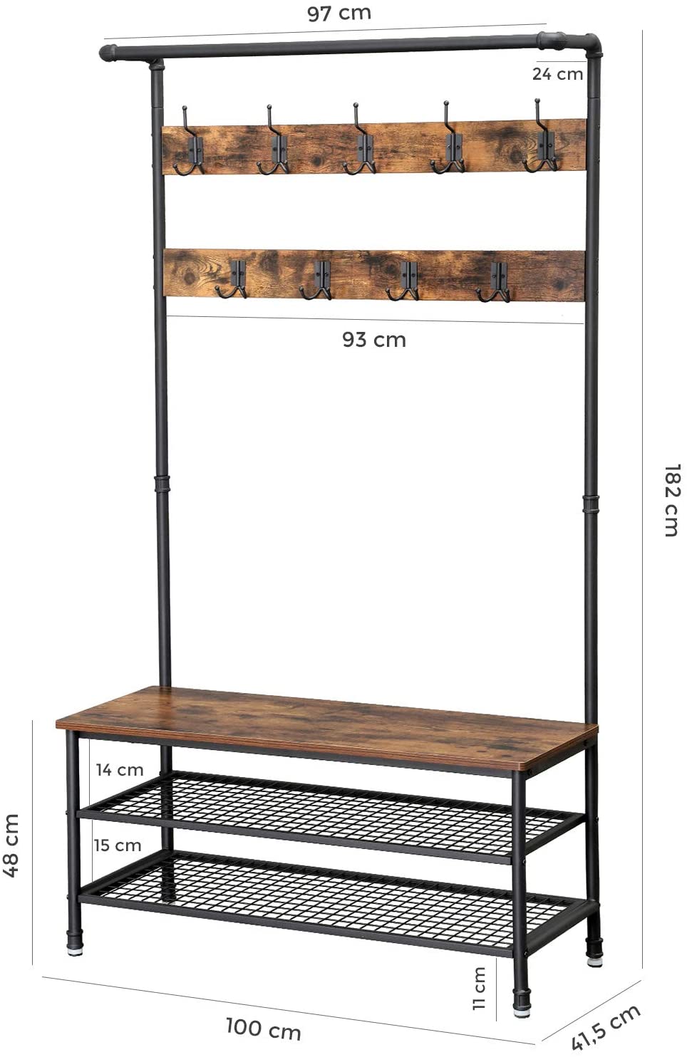 Coat Rack Stand with 9 Hooks and Shoe Rack with Industrial Style Sturdy Steel Frame - Cosy Abode