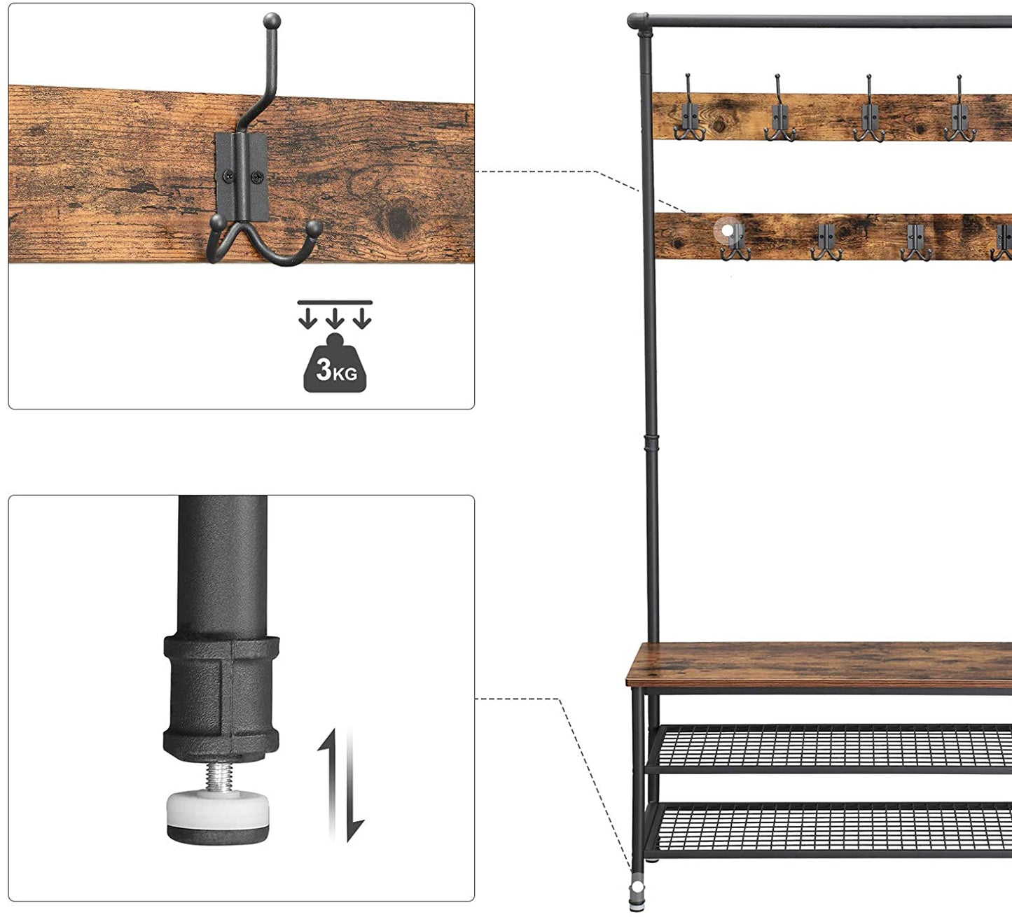 Coat Rack Stand with 9 Hooks and Shoe Rack with Industrial Style Sturdy Steel Frame - Cosy Abode