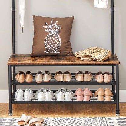 Coat Rack Stand with 9 Hooks and Shoe Rack with Industrial Style Sturdy Steel Frame - Cosy Abode