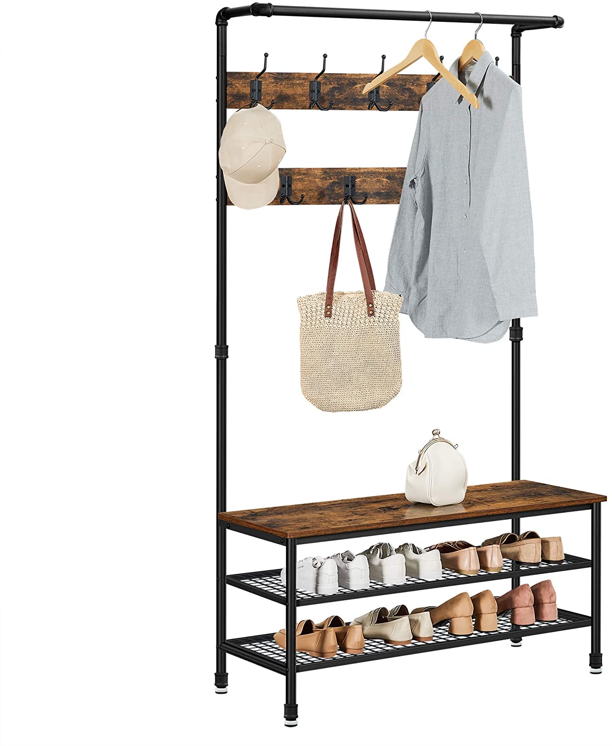 Coat Rack Stand with 9 Hooks and Shoe Rack with Industrial Style Sturdy Steel Frame - Cosy Abode