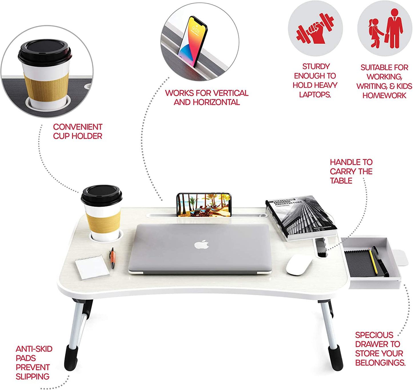 Laptop Bed Desk with Storage and foldable legs for Adults, Kids & Home Office - Cosy Abode