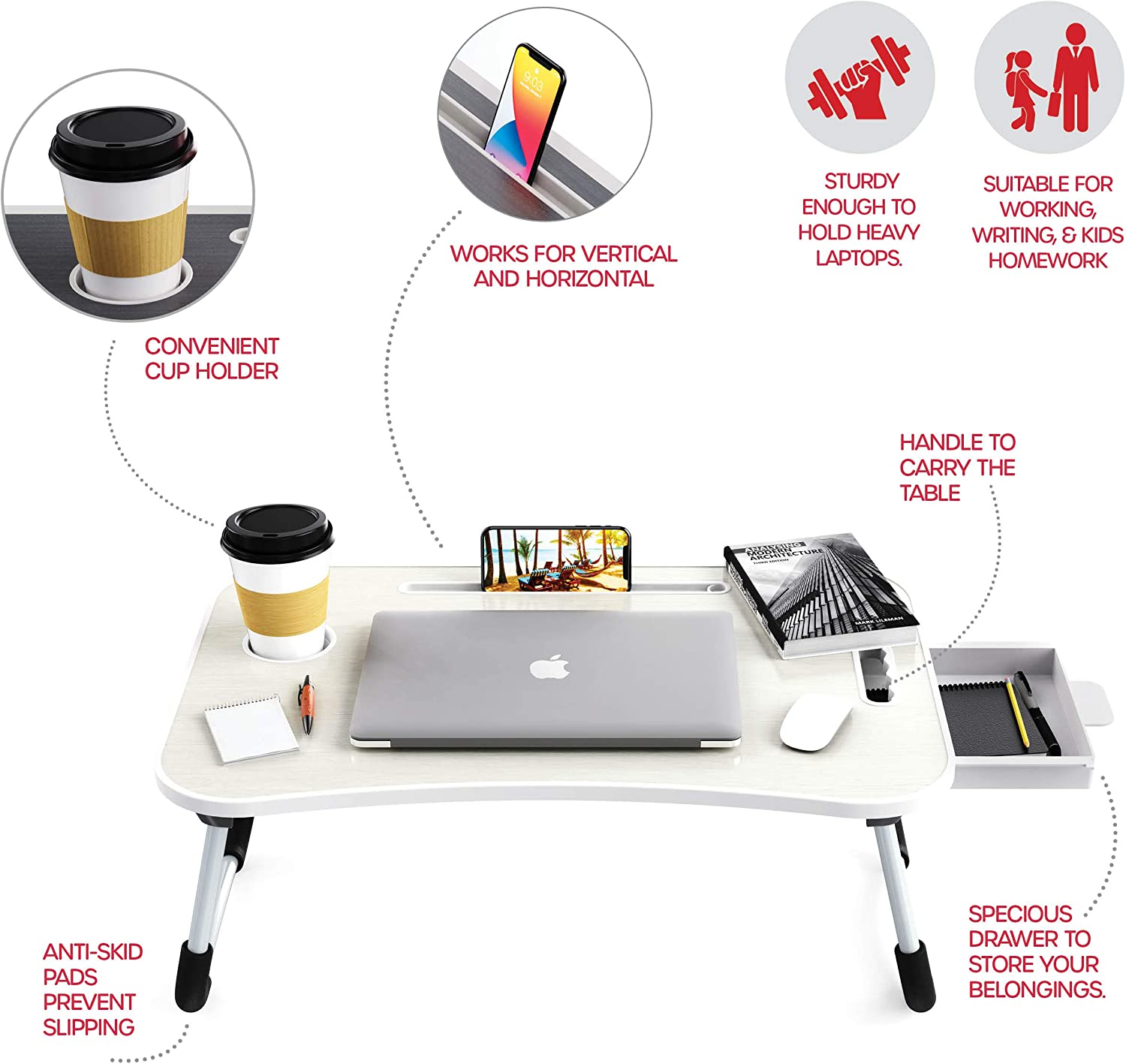 Laptop Bed Desk with Storage and foldable legs for Adults, Kids & Home Office - Cosy Abode