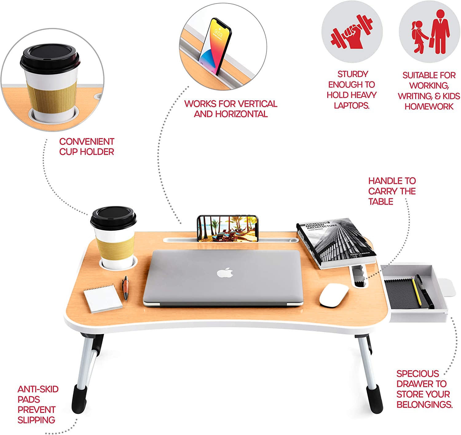 CARLA HOME Laptop Bed Desk with Storage and foldable legs for Adults, Kids & Home Office - Cosy Abode