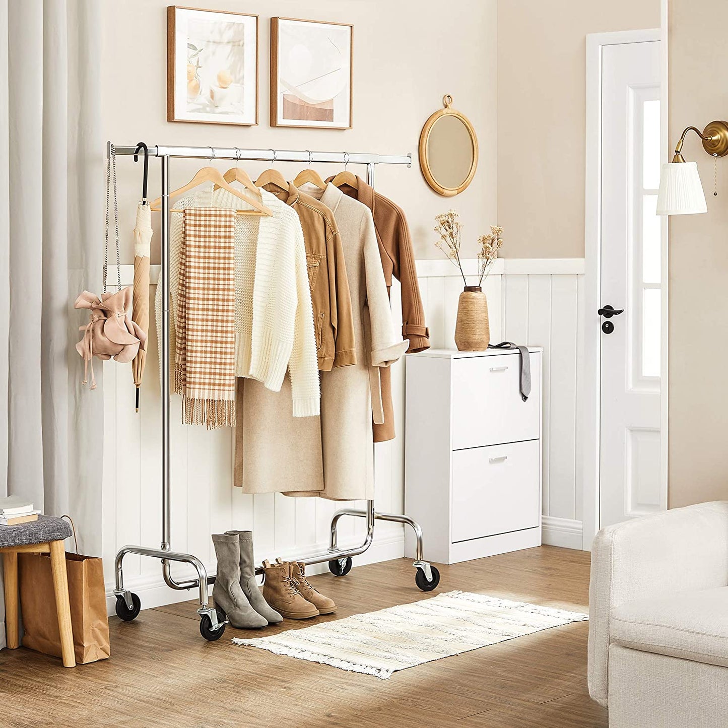 Clothes Rack Wheels Chrome Extendable, 136 kg load - Cosy Abode