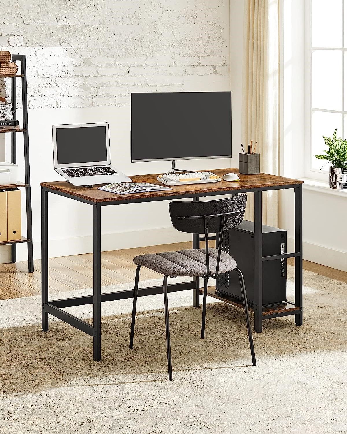Computer Desk 2 Shelves Rustic, Brown Black - Cosy Abode