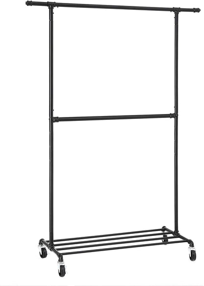 Industrial Clothing Rack Wheels Double Rod - Cosy Abode