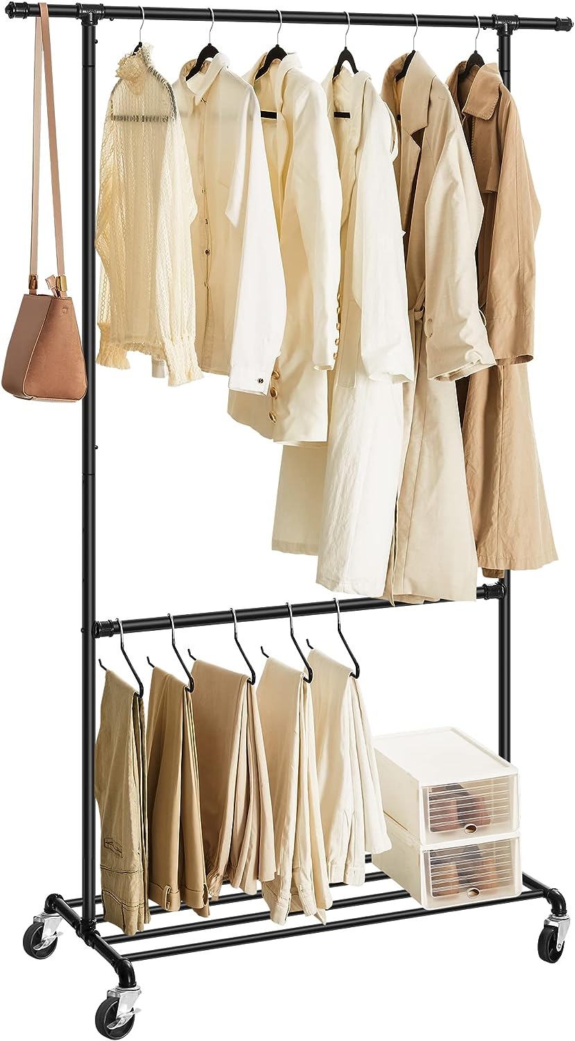 Industrial Clothing Rack Wheels Double Rod - Cosy Abode