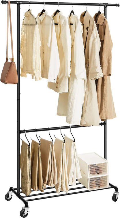Industrial Clothing Rack Wheels Double Rod - Cosy Abode
