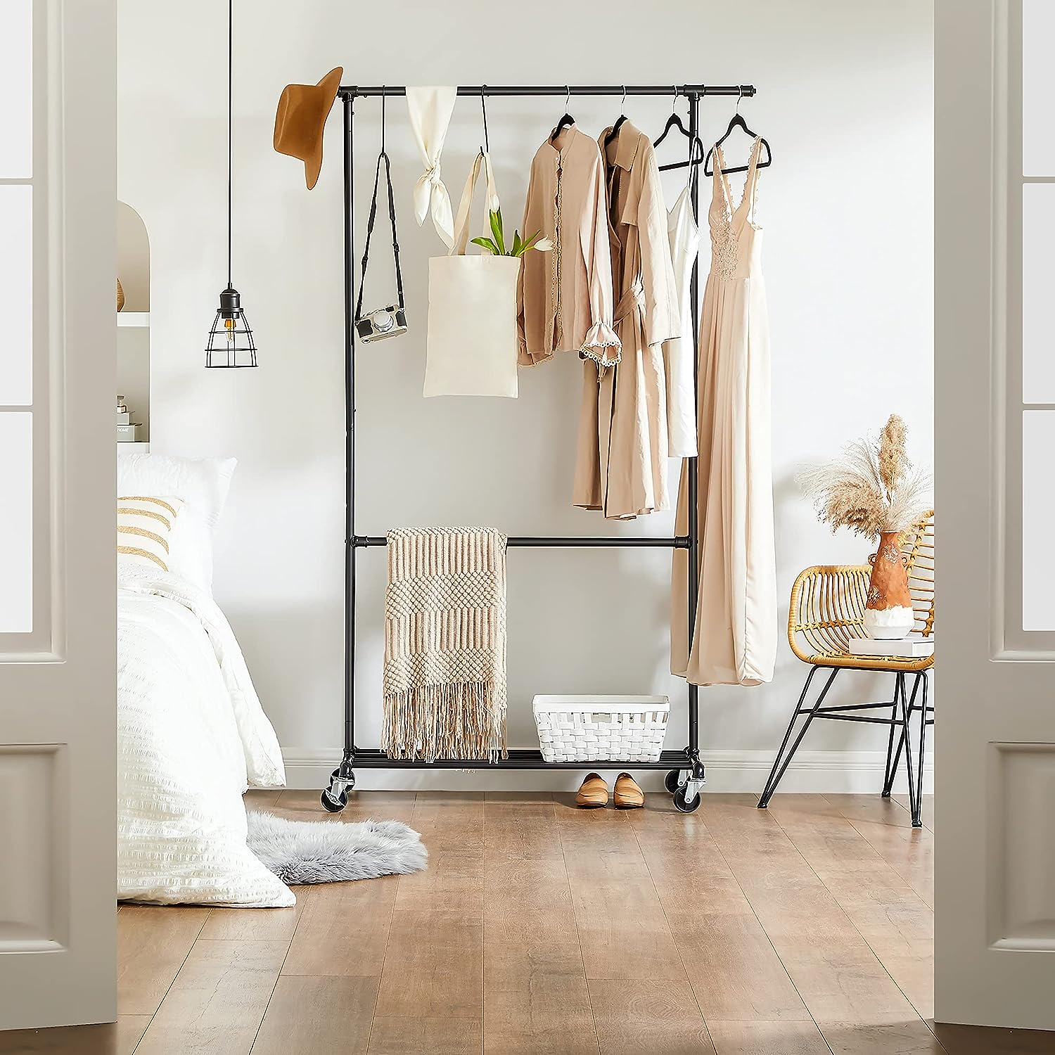 Industrial Clothing Rack Wheels Double Rod - Cosy Abode
