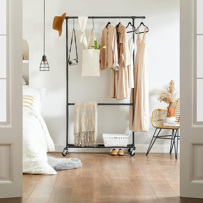 Industrial Clothing Rack Wheels Double Rod - Cosy Abode