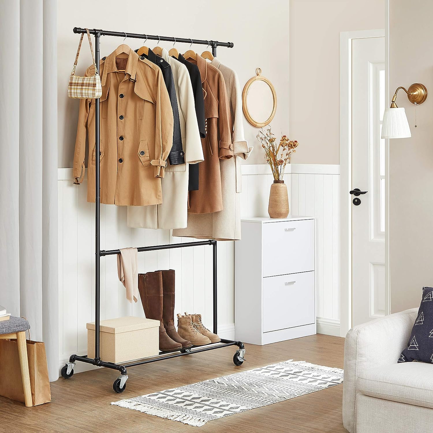 Industrial Clothing Rack Wheels Double Rod - Cosy Abode