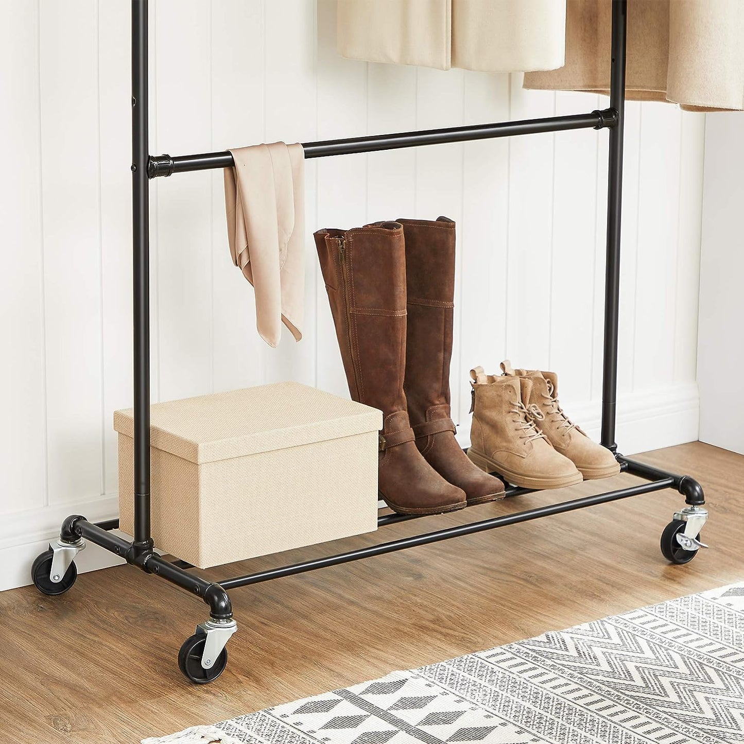 Industrial Clothing Rack Wheels Double Rod - Cosy Abode