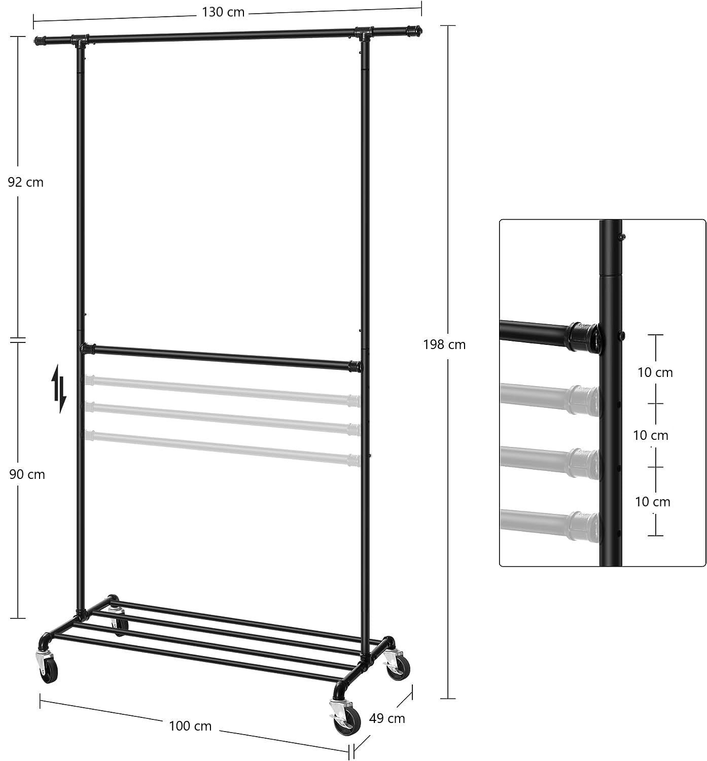 Industrial Clothing Rack Wheels Double Rod - Cosy Abode