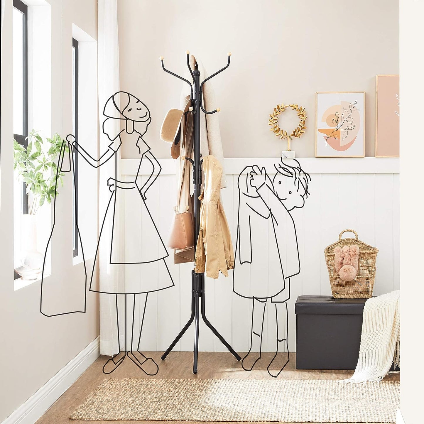 Metal Coat Rack Stand Hat Hanger, Black, 182cm - Cosy Abode