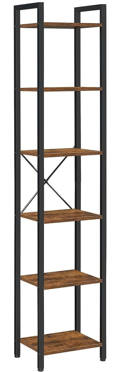 Small 6-Tier Industrial Bookshelf, Rustic Brown, Black - Cosy Abode