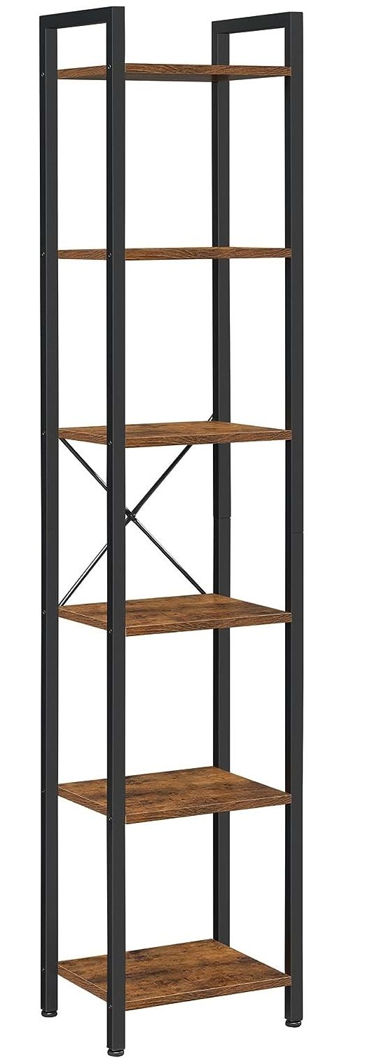 Small 6-Tier Industrial Bookshelf, Rustic Brown, Black - Cosy Abode