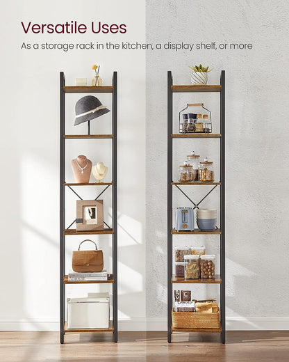 Small 6-Tier Industrial Bookshelf, Rustic Brown, Black - Cosy Abode