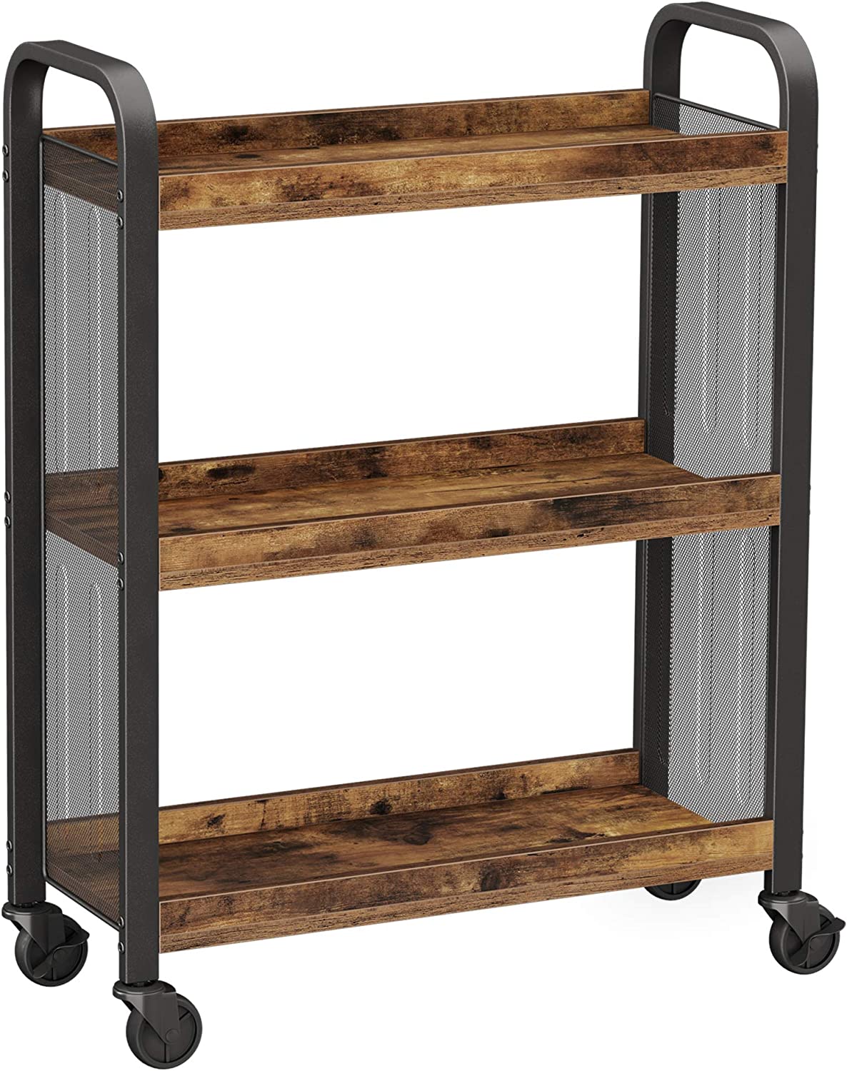 Rustic Brown Kitchen Trolley Rolling Cart with Steel Structure (66 x 26 x 85 cm) - Cosy Abode