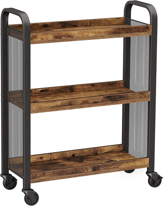 Rustic Brown Kitchen Trolley Rolling Cart with Steel Structure (66 x 26 x 85 cm) - Cosy Abode