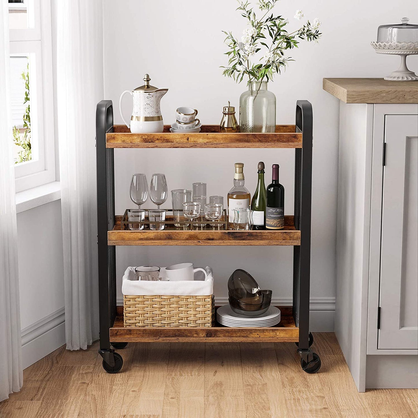 Rustic Brown Kitchen Trolley Rolling Cart with Steel Structure (66 x 26 x 85 cm) - Cosy Abode