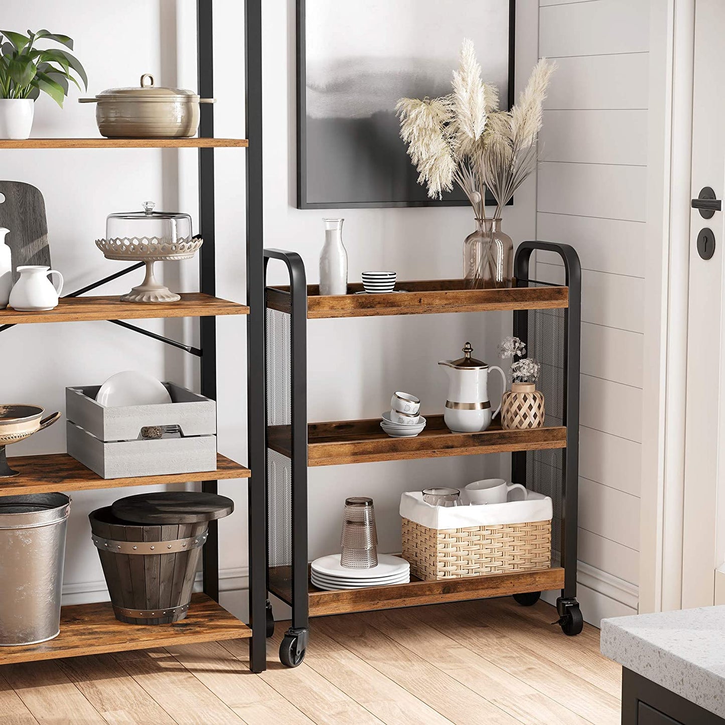 Rustic Brown Kitchen Trolley Rolling Cart with Steel Structure (66 x 26 x 85 cm) - Cosy Abode
