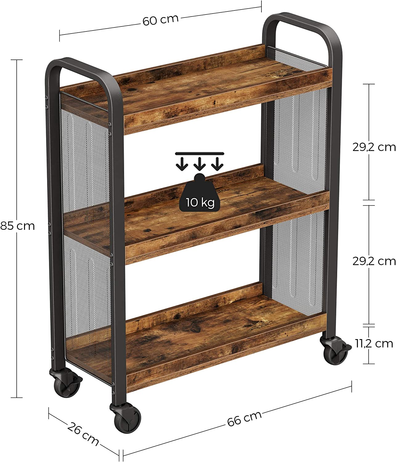 Rustic Brown Kitchen Trolley Rolling Cart with Steel Structure (66 x 26 x 85 cm) - Cosy Abode