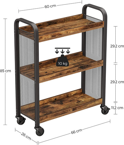 Rustic Brown Kitchen Trolley Rolling Cart with Steel Structure (66 x 26 x 85 cm) - Cosy Abode