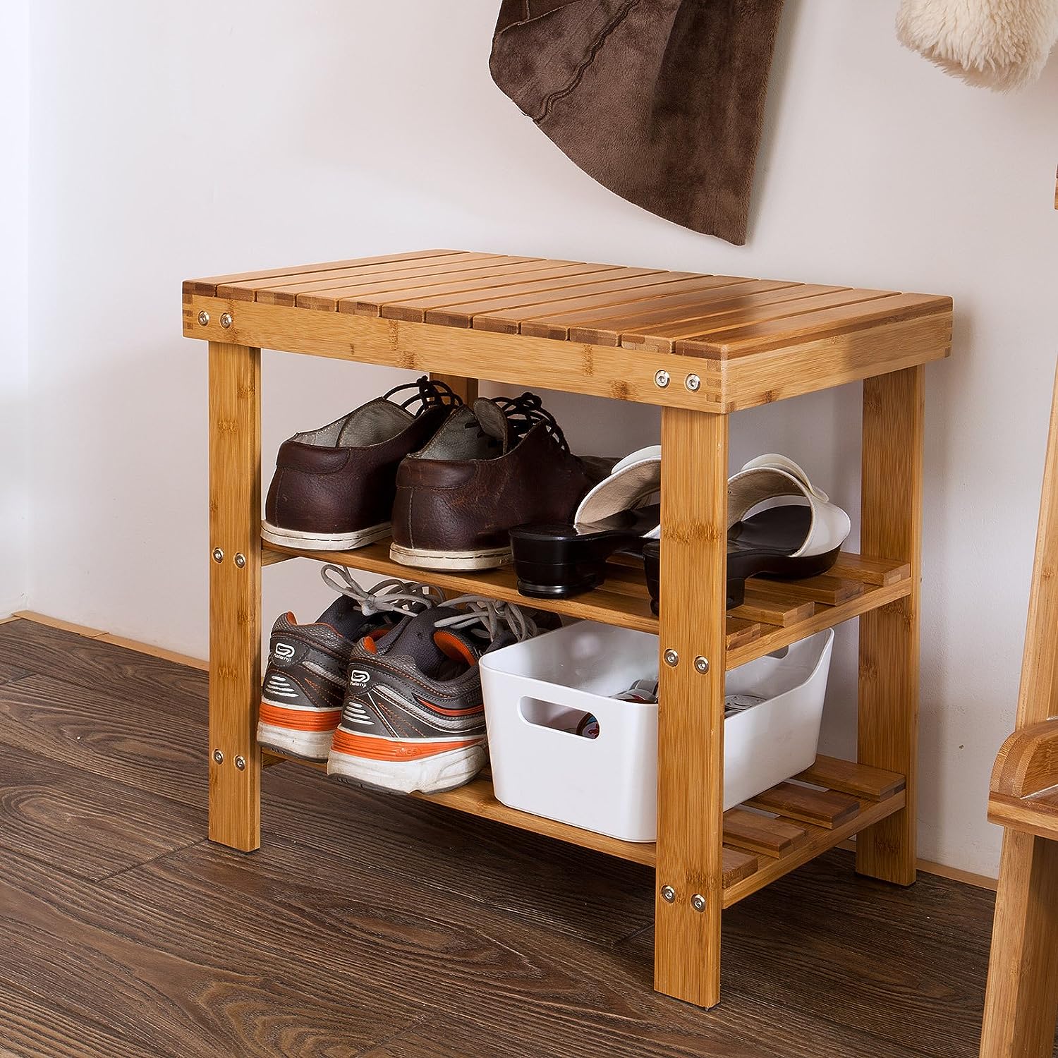 Bamboo Shoe Bench Rack Storage with shelves - Cosy Abode