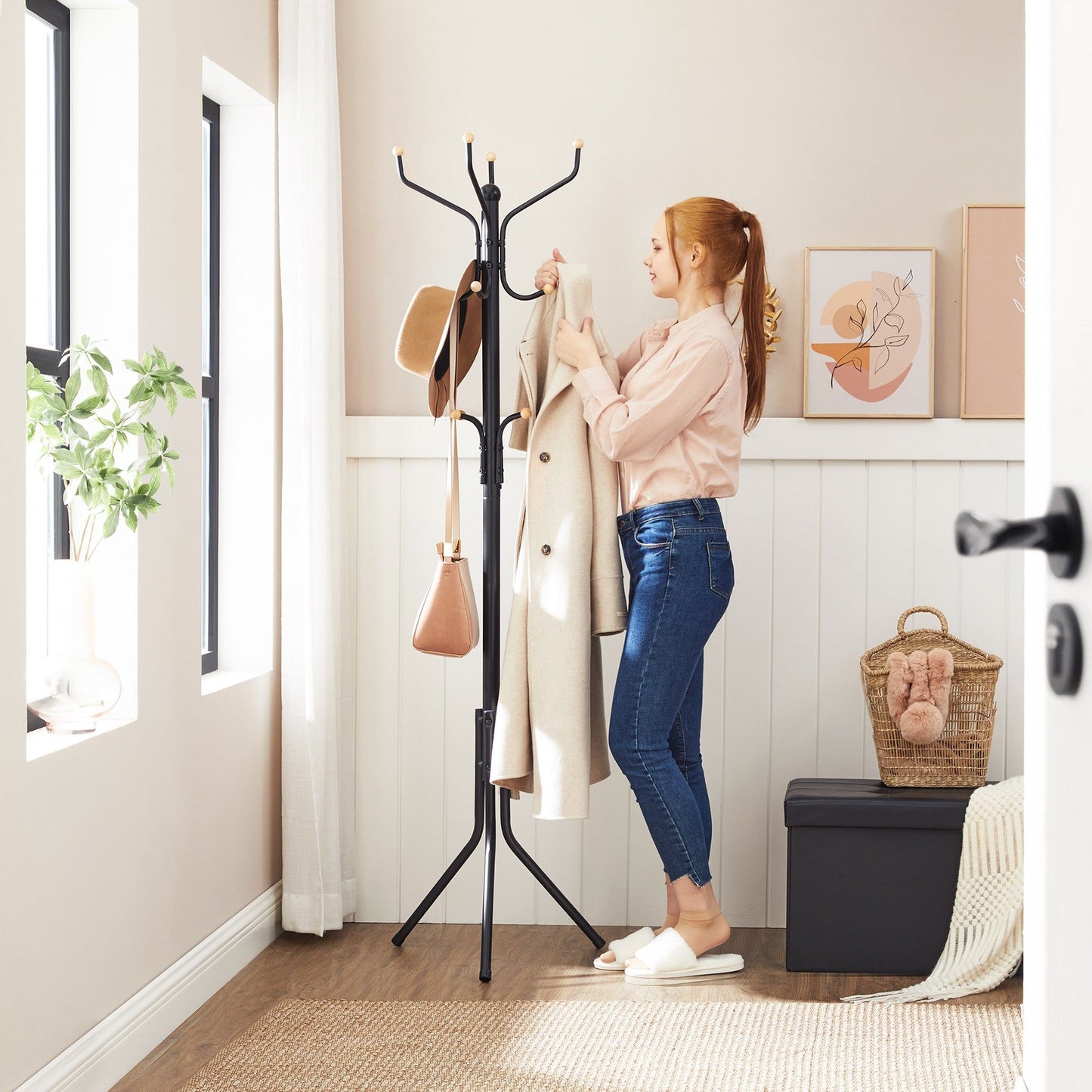 Black Metal Coat Rack, Hall Tree, 182cm Tall - Cosy Abode