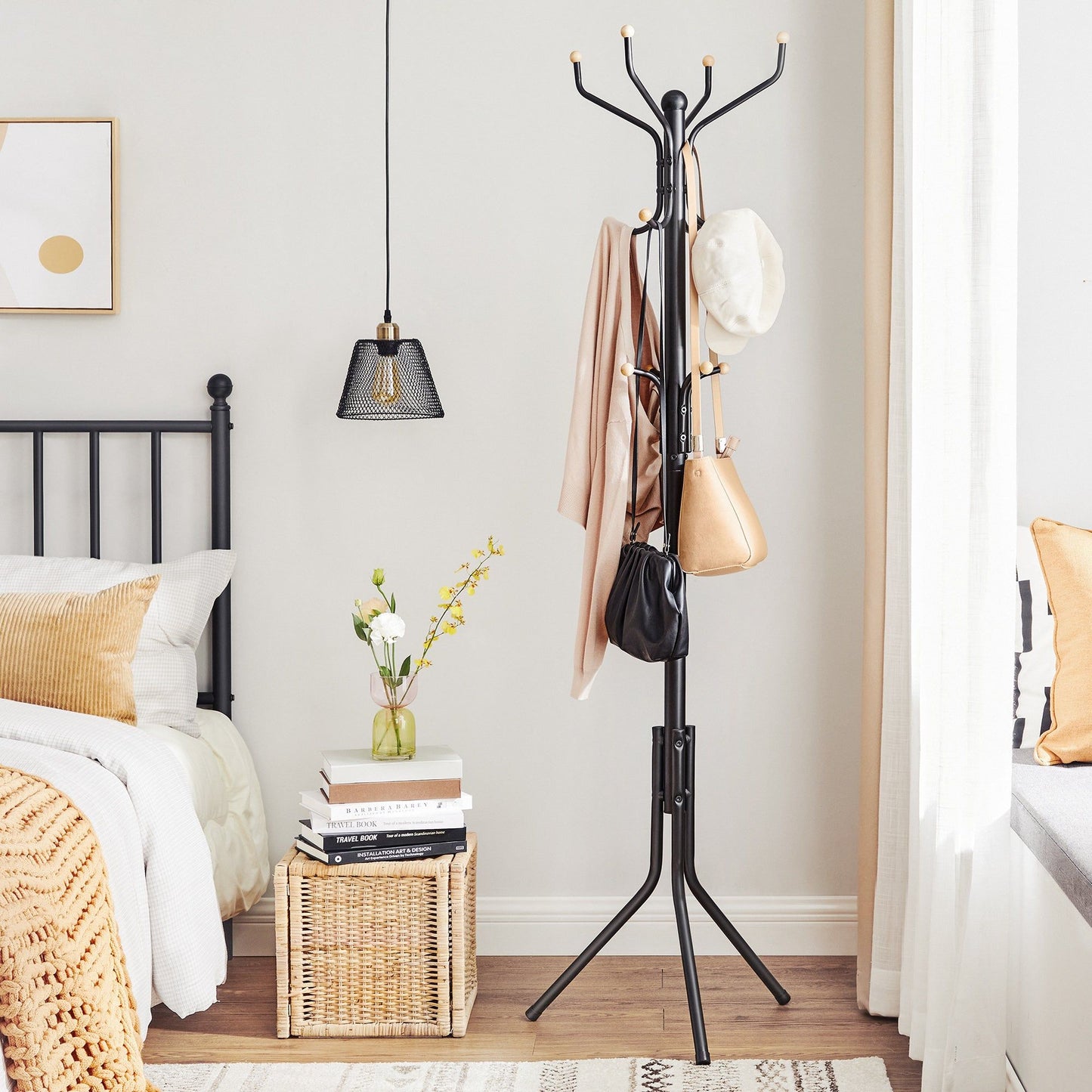 Black Metal Coat Rack, Hall Tree, 182cm Tall - Cosy Abode