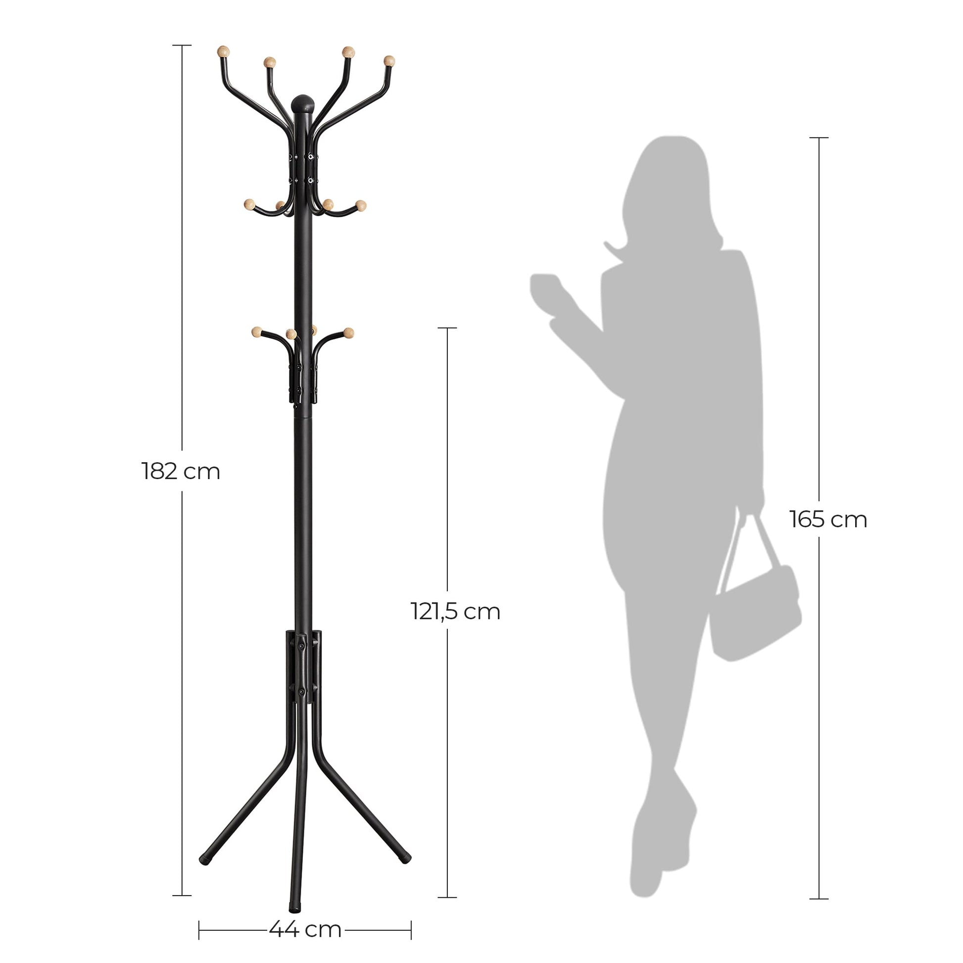 Black Metal Coat Rack, Hall Tree, 182cm Tall - Cosy Abode