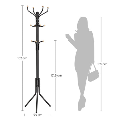 Black Metal Coat Rack, Hall Tree, 182cm Tall - Cosy Abode