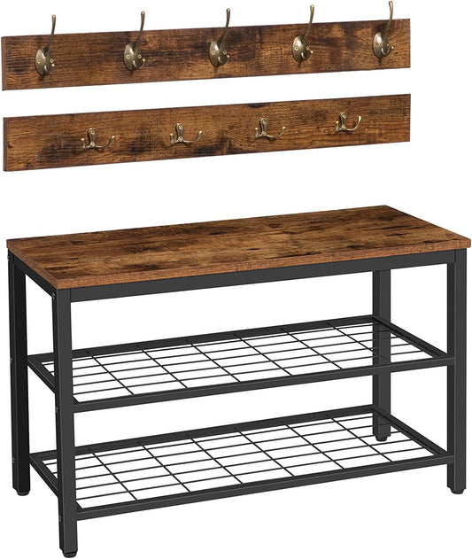 Industrial Design Entryway Shoe Rack with Coat Hooks Organizer (Brown) - Cosy Abode
